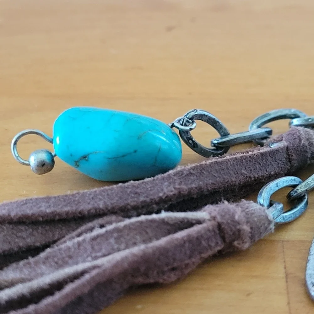 Vintage ARIAT Turquoise Stone Suede Tassel Bag Charm Keychain 8 Inch 18g